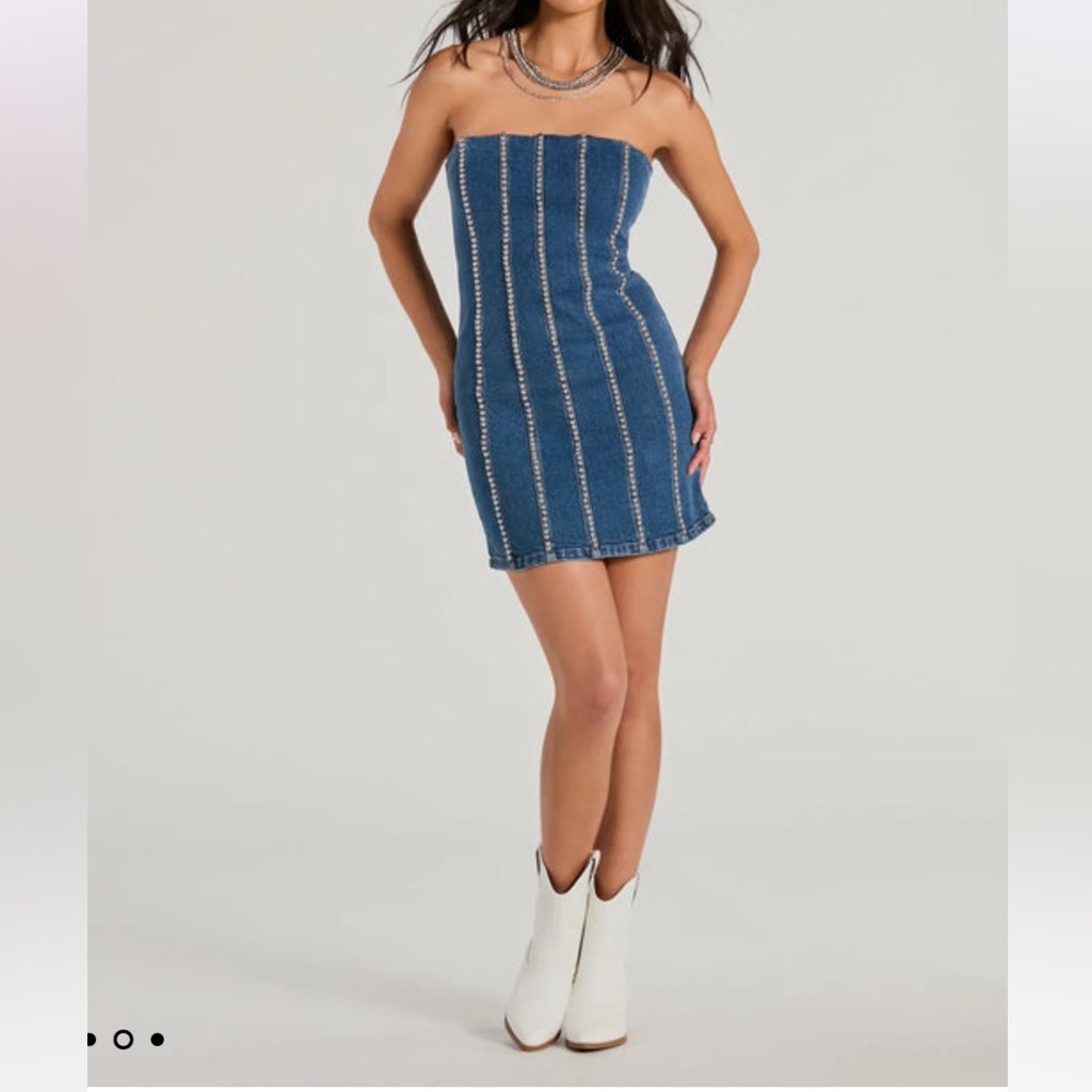 Tell Me About It Stud Strapless Denim Mini Dress